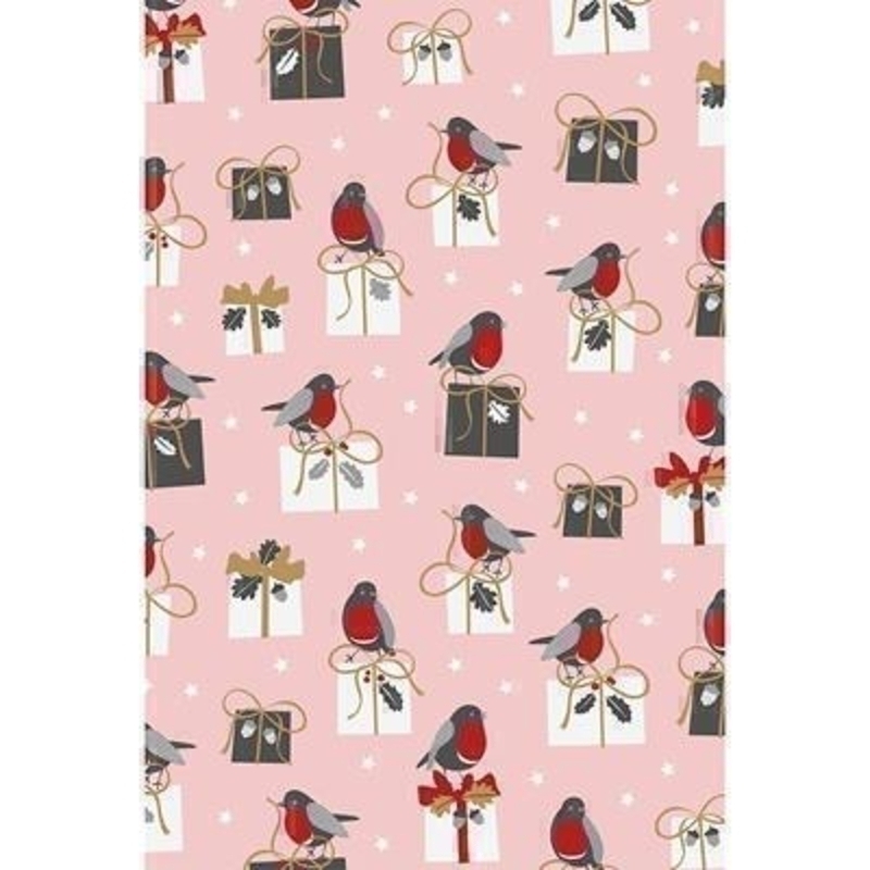 Luxurious soft pink coloured wrapping paper showing robins sitting atop Christmas presents in a snow storm. With hot foil stamping. Approx size 70cm x 2m